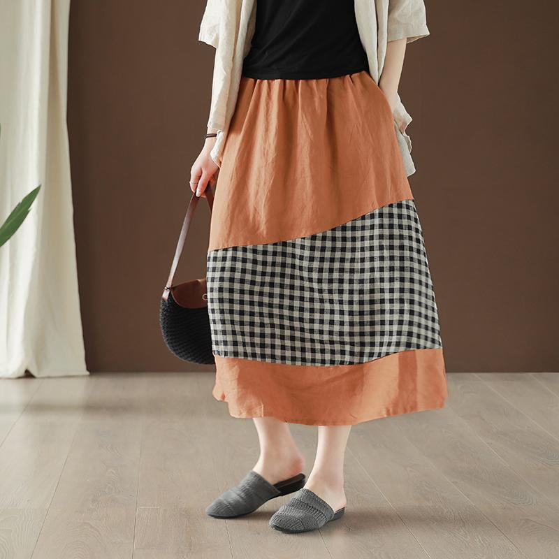 Linen Spliced Plaid Vintage Elastic Waist Skirt