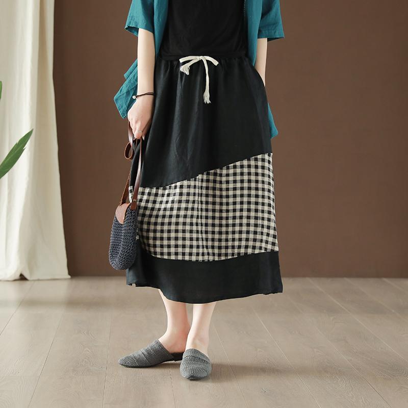 Linen Spliced Plaid Vintage Elastic Waist Skirt