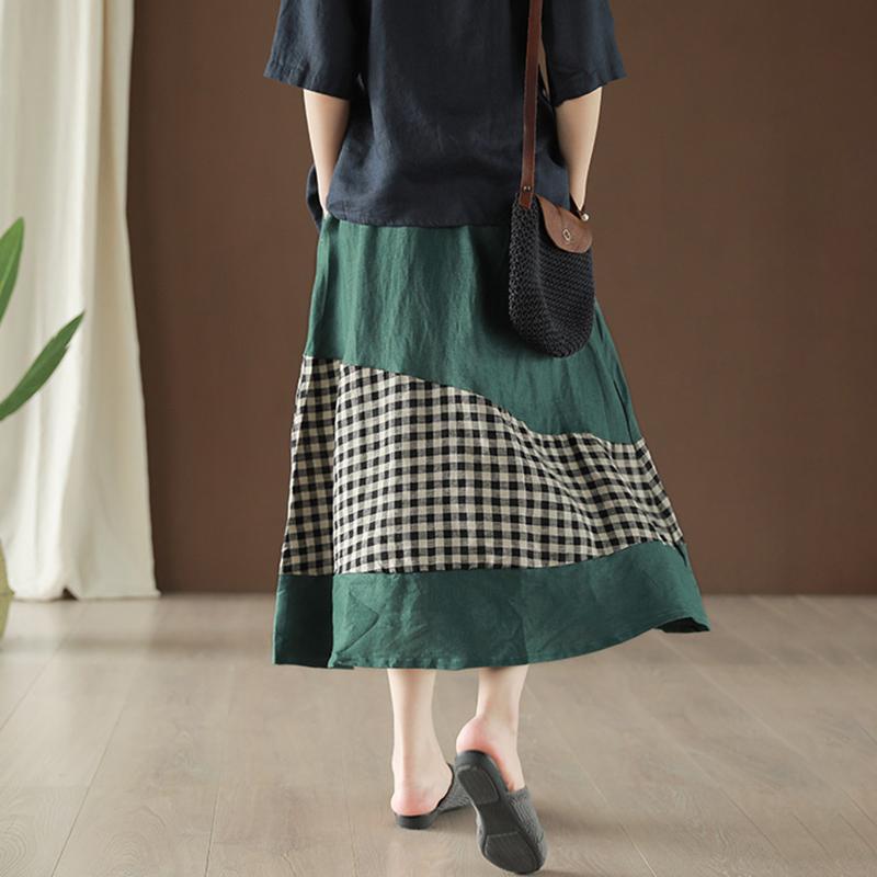 Linen Spliced Plaid Vintage Elastic Waist Skirt