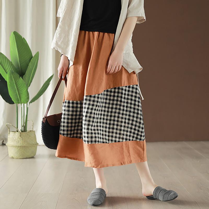 Linen Spliced Plaid Vintage Elastic Waist Skirt