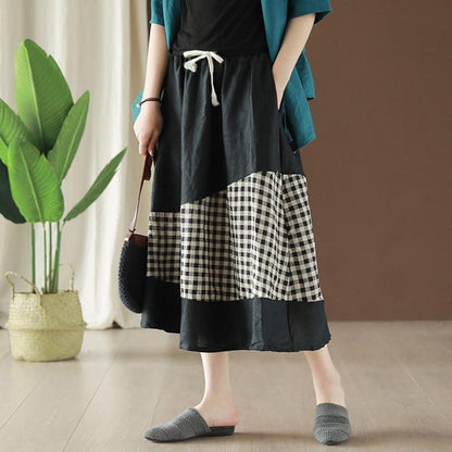 Linen Spliced Plaid Vintage Elastic Waist Skirt