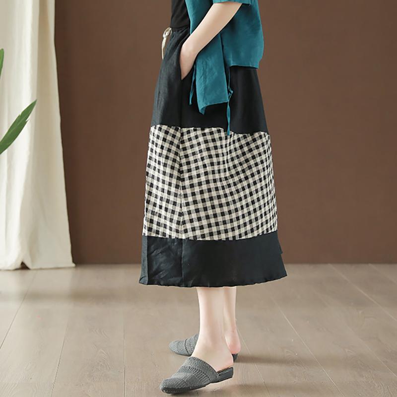 Linen Spliced Plaid Vintage Elastic Waist Skirt