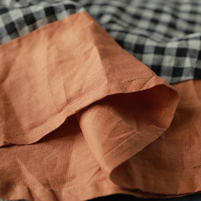 Linen Spliced Plaid Vintage Elastic Waist Skirt