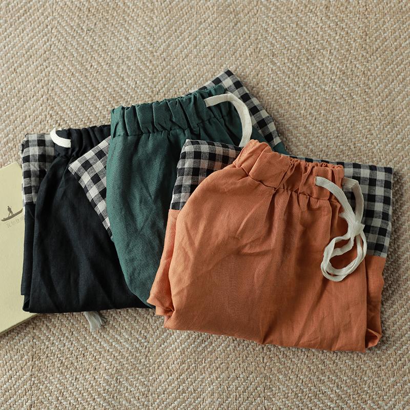 Linen Spliced Plaid Vintage Elastic Waist Skirt