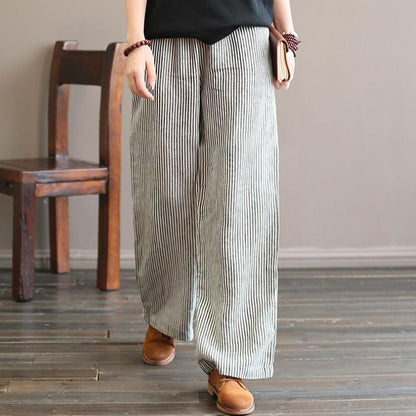 Linen Straight Pants For Women Black Stripe