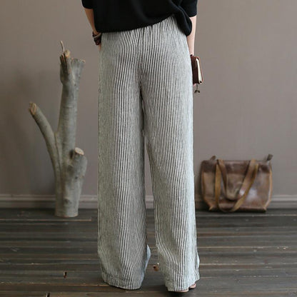 Linen Straight Pants For Women Black Stripe