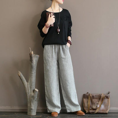 Linen Straight Pants For Women Black Stripe