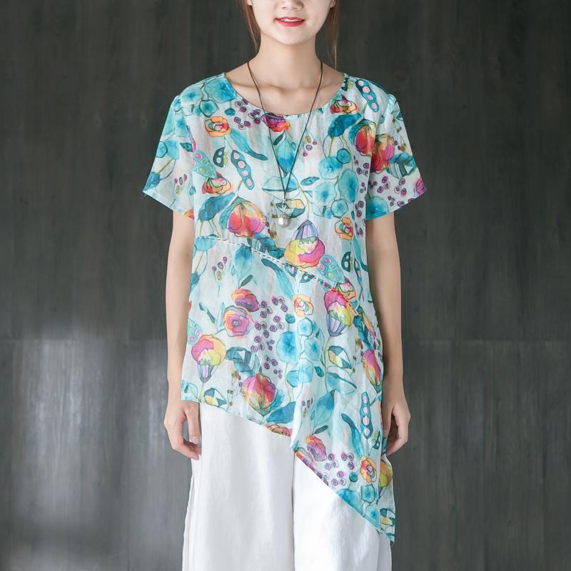 Linen Summer Printing Casual Blue Blouse
