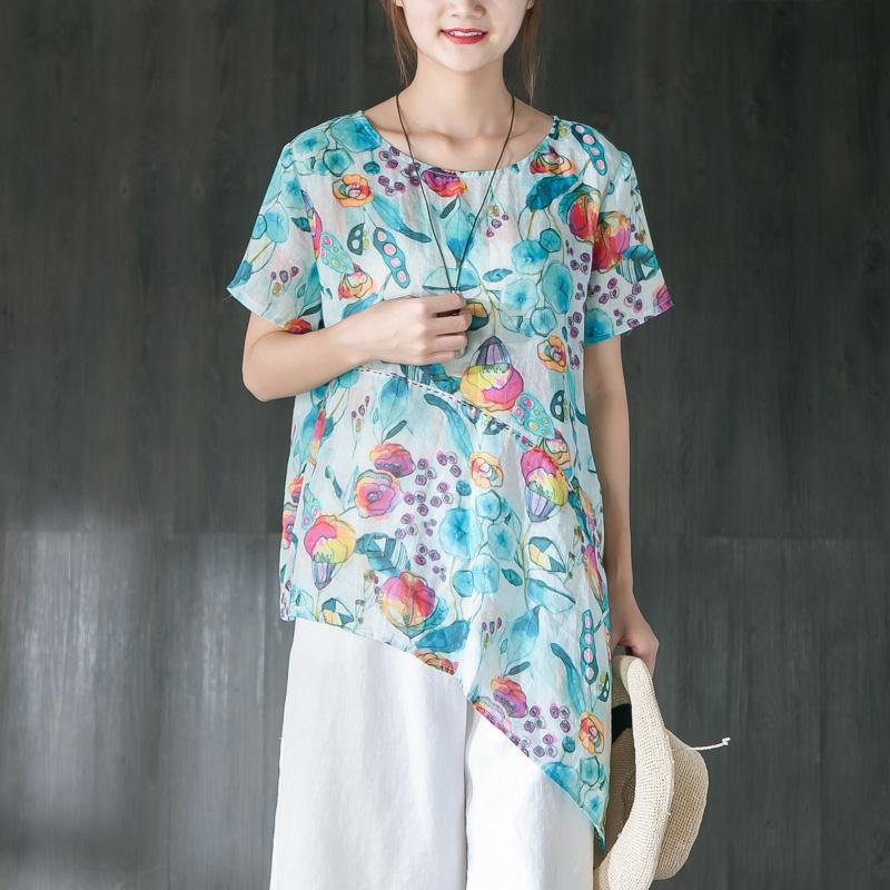 Linen Summer Printing Casual Blue Blouse