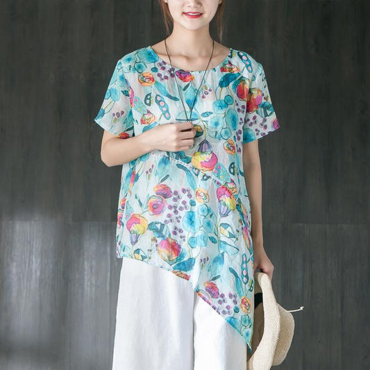 Linen Summer Printing Casual Blue Blouse