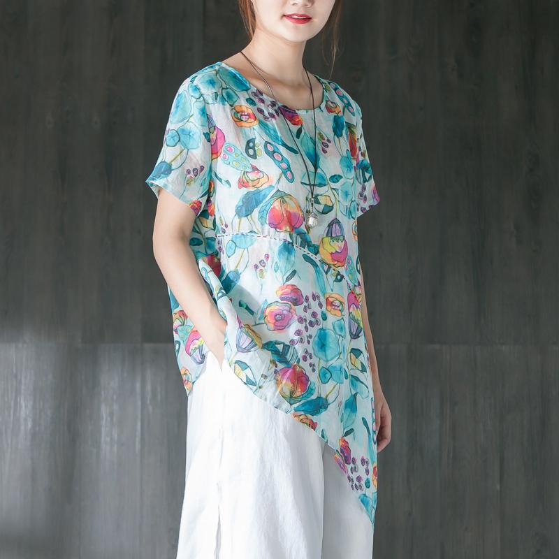 Linen Summer Printing Casual Blue Blouse