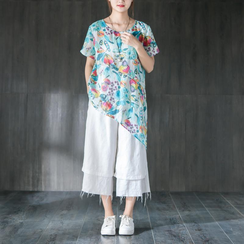 Linen Summer Printing Casual Blue Blouse