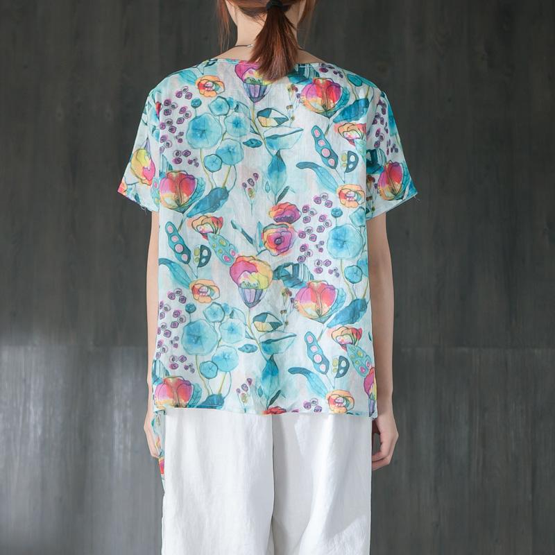 Linen Summer Printing Casual Blue Blouse