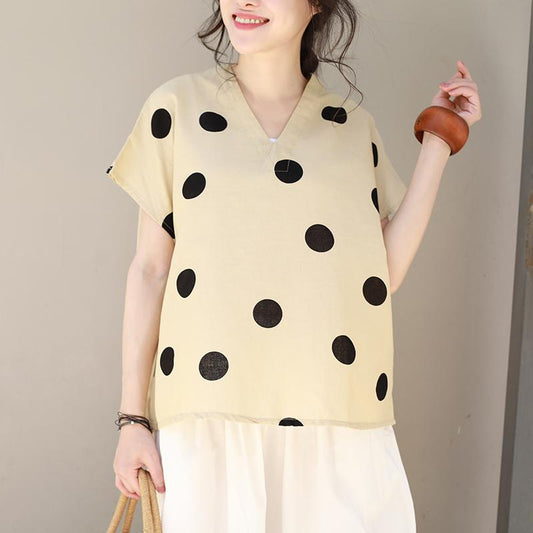 Linen V-Neck Dots Loose Literature Blouse