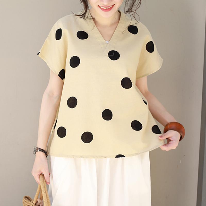 Linen V-Neck Dots Loose Literature Blouse