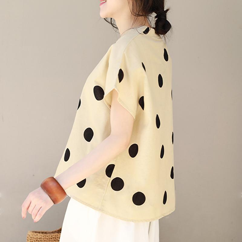Linen V-Neck Dots Loose Literature Blouse
