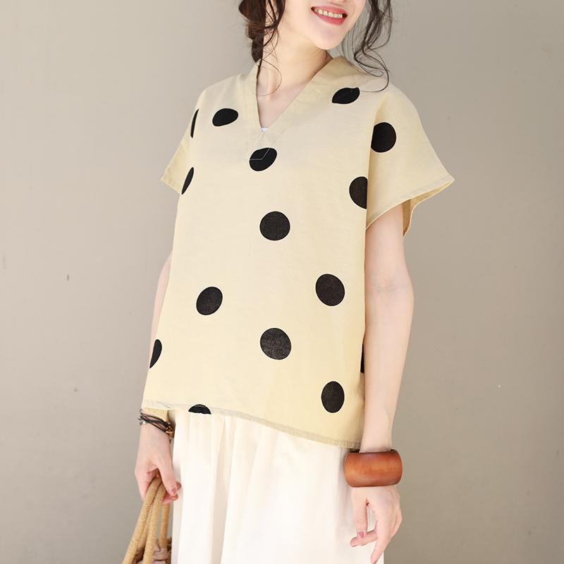 Linen V-Neck Dots Loose Literature Blouse