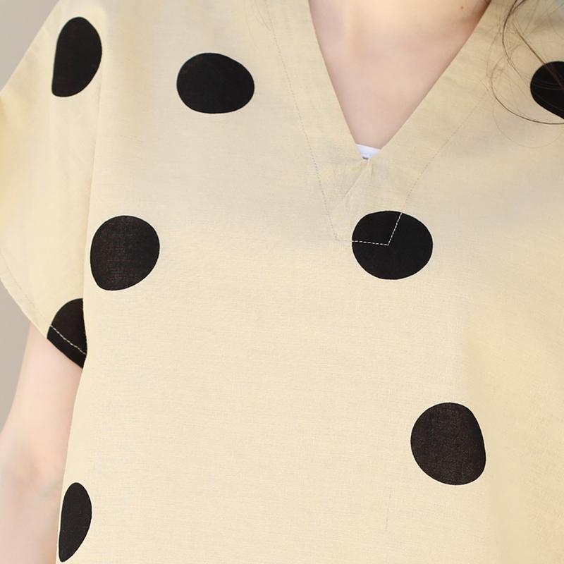 Linen V-Neck Dots Loose Literature Blouse