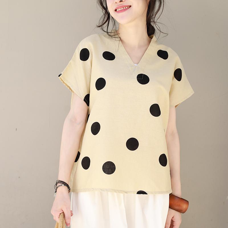 Linen V-Neck Dots Loose Literature Blouse
