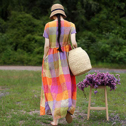 Linen V-Neck Plaid Short Sleeve Drawstring Dress