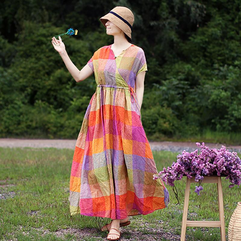 Linen V-Neck Plaid Short Sleeve Drawstring Dress