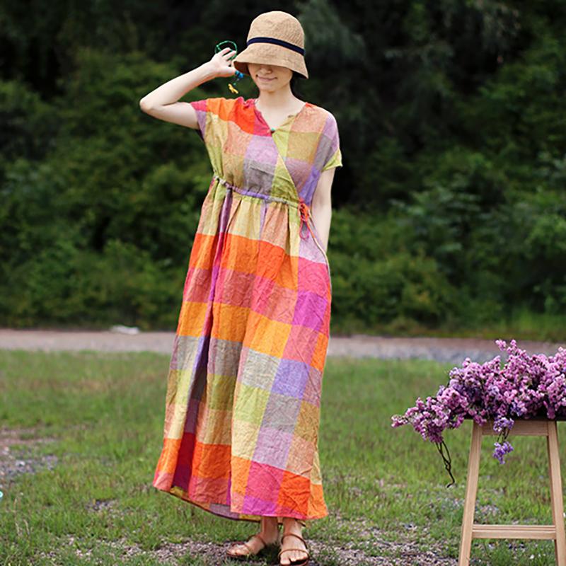 Linen V-Neck Plaid Short Sleeve Drawstring Dress