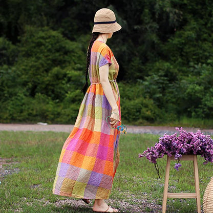 Linen V-Neck Plaid Short Sleeve Drawstring Dress
