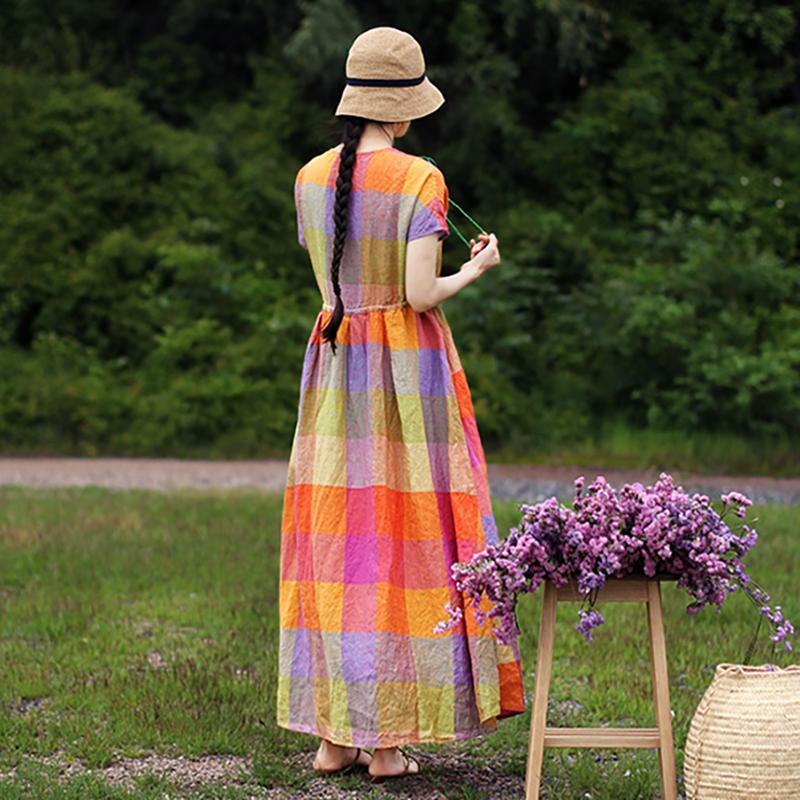 Linen V-Neck Plaid Short Sleeve Drawstring Dress