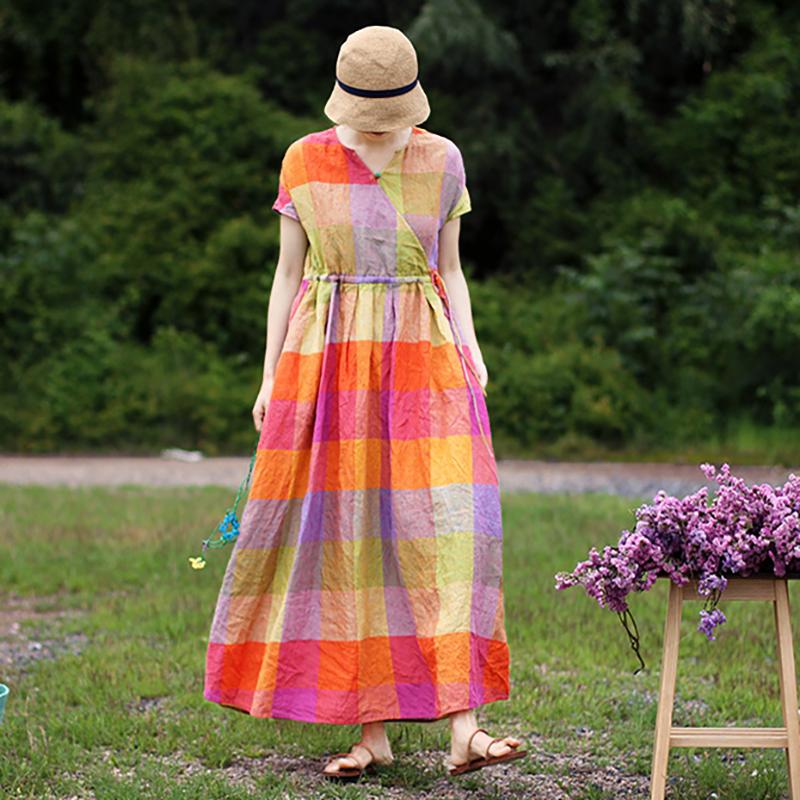 Linen V-Neck Plaid Short Sleeve Drawstring Dress