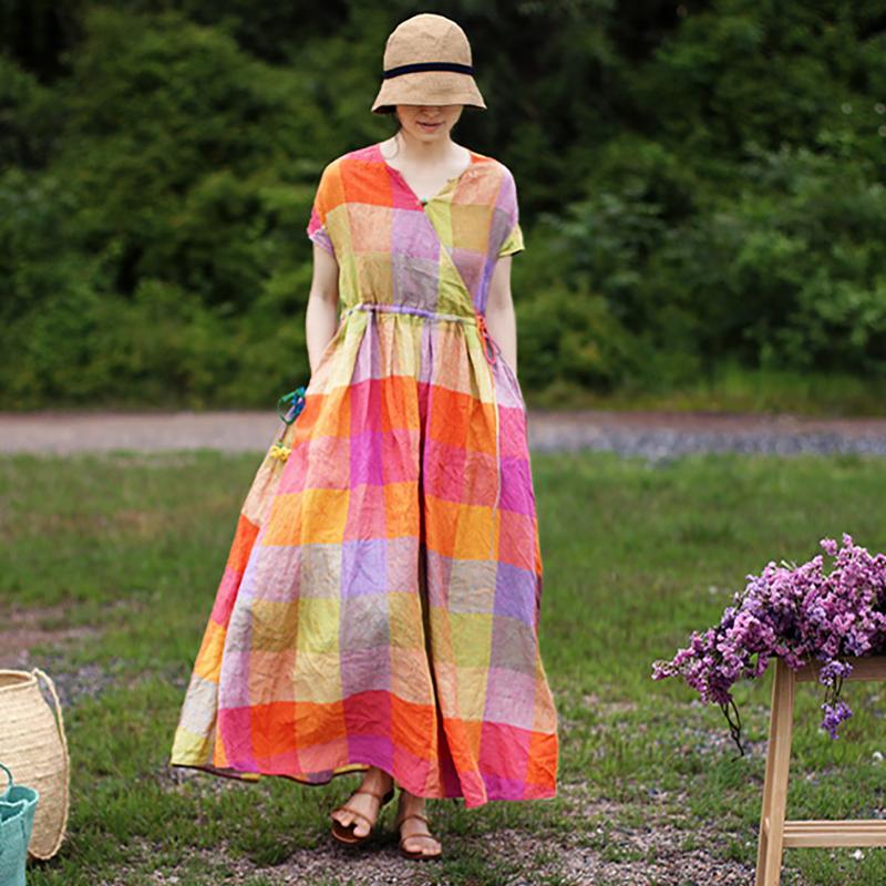Linen V-Neck Plaid Short Sleeve Drawstring Dress