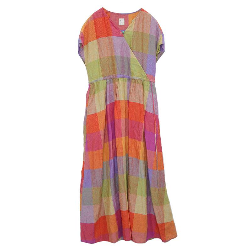 Linen V-Neck Plaid Short Sleeve Drawstring Dress