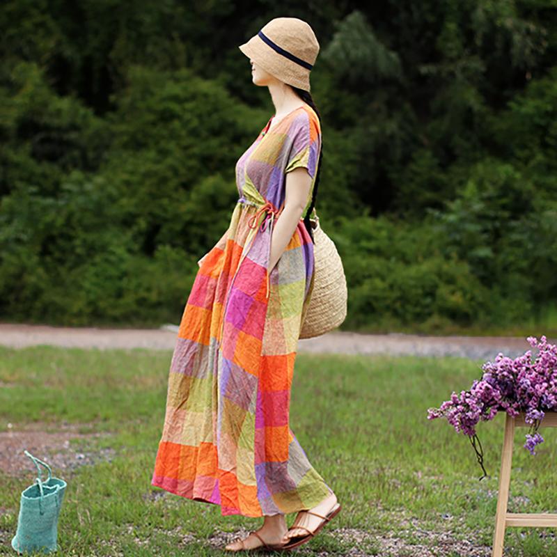 Linen V-Neck Plaid Short Sleeve Drawstring Dress