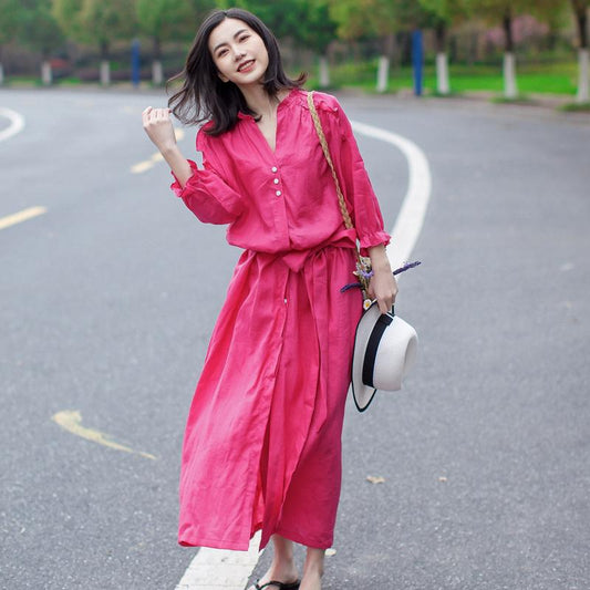 Linen Vintage Lace-Up Solid Women Dress