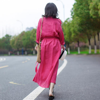 Linen Vintage Lace-Up Solid Women Dress