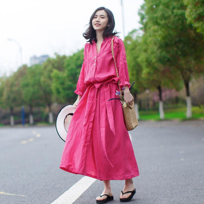Linen Vintage Lace-Up Solid Women Dress