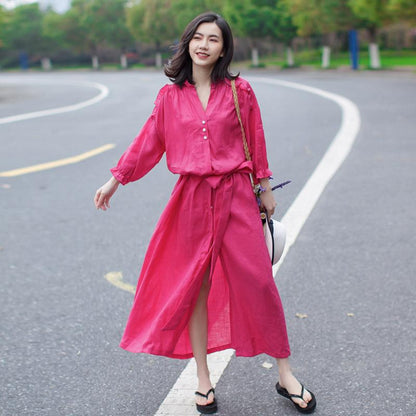 Linen Vintage Lace-Up Solid Women Dress