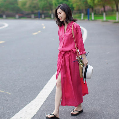 Linen Vintage Lace-Up Solid Women Dress