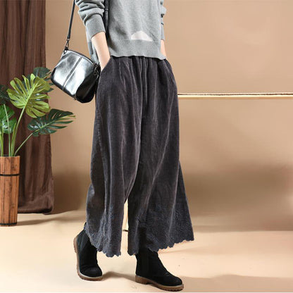 Literary Embroidery Corduroy Casual Wide Leg Pants
