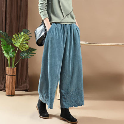 Literary Embroidery Corduroy Casual Wide Leg Pants