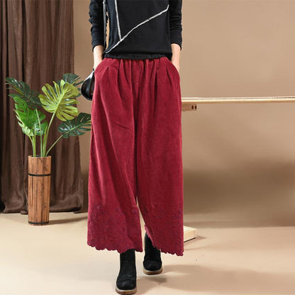 Literary Embroidery Corduroy Casual Wide Leg Pants