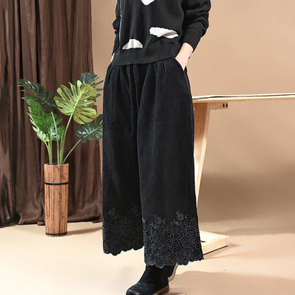 Literary Embroidery Corduroy Casual Wide Leg Pants