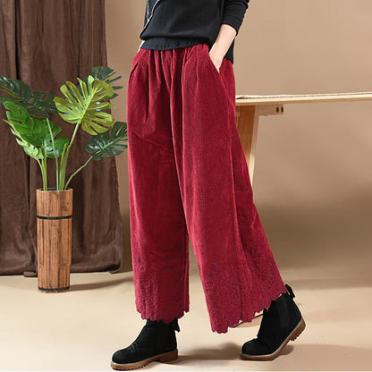 Literary Embroidery Corduroy Casual Wide Leg Pants