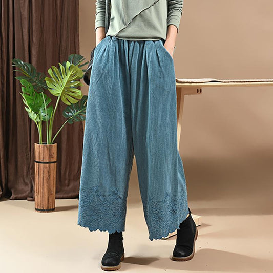 Literary Embroidery Corduroy Casual Wide Leg Pants
