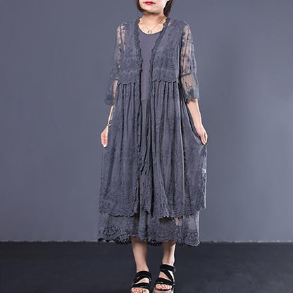 Literary Lace Pleated Embroidery Loose Coat