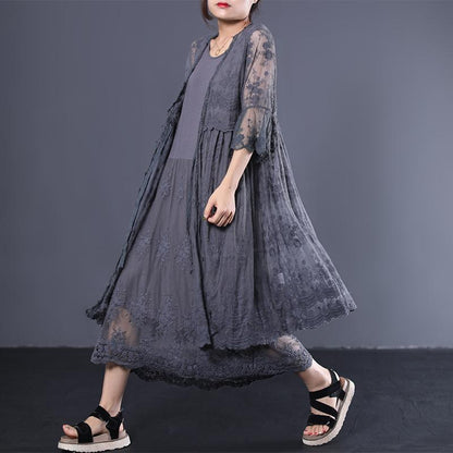 Literary Lace Pleated Embroidery Loose Coat