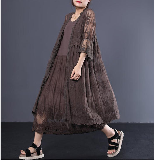 Literary Lace Pleated Embroidery Loose Coat