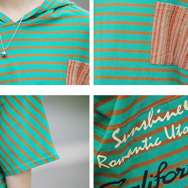 Literary Patchwork Loose Hooded Short Sleeve T-Shirt