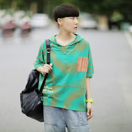 Literary Patchwork Loose Hooded Short Sleeve T-Shirt