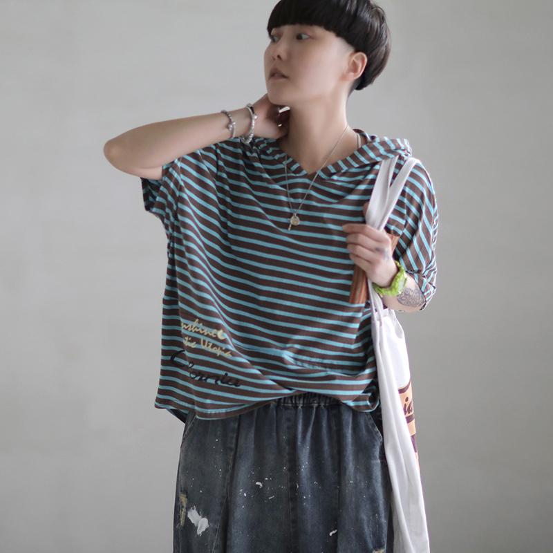 Literary Patchwork Loose Hooded Short Sleeve T-Shirt