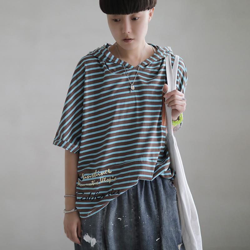 Literary Patchwork Loose Hooded Short Sleeve T-Shirt